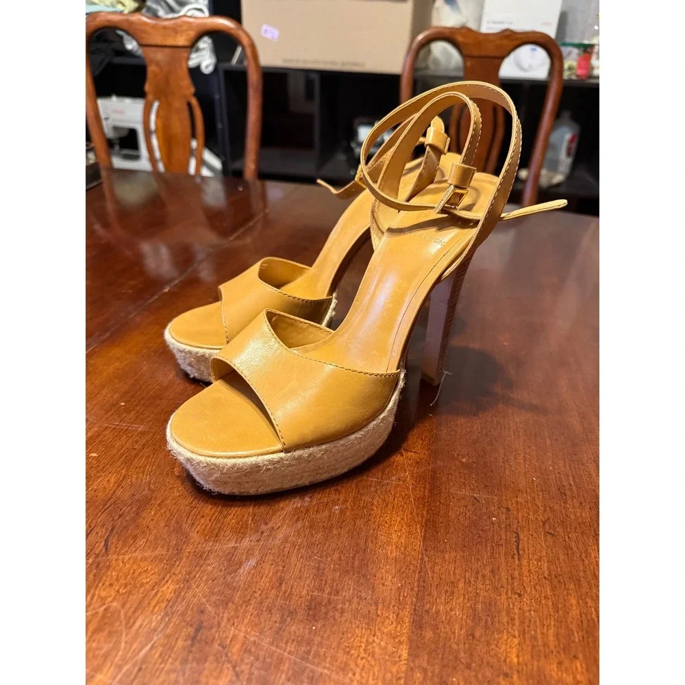 Tory Burch Tan Leather Espadrille Platform Ankle Strap Stiletto Sandals 9.5M